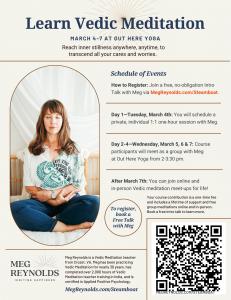 Flyer with information on a meditation learning event hosted by Meg Reynolds in Steamboat Springs, CO