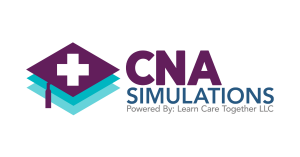 CNA Simulations logo featuring a purple graduation cap with a white medical cross, layered over teal pages, alongside the company name in bold purple and blue text. Below, the tagline reads: “Powered By: Learn Care Together LLC.”