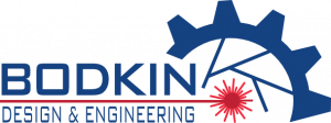 Bodkin Design & Engineering logo, showing stylized blue text and a gear design with a red laser burst, representing the company’s focus on innovation in engineering solutions.