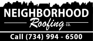 Neighborhood Roofing Logo  showing black houses and a phone number