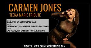 "Carmen Jones performing live on stage, delivering a powerful and soulful tribute to Teena Marie. The image captures her passionate vocal performance ahead of her Las Vegas debut at The Club, Cannery Hotel & Casino on April 5, 2025."