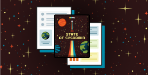 PDQ State of Sysadmin 2025 cover with a rocket ship and starry background.