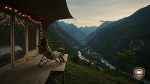 Image of woman glamping in mountain cabin