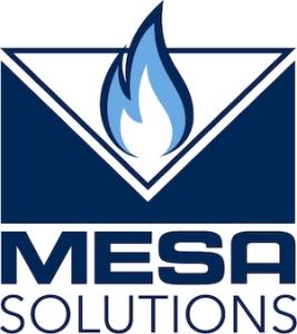 MESA Solutions logo featuring a stylized blue flame inside an inverted triangle, with the company name "MESA SOLUTIONS" written in bold, uppercase letters below. The design uses a dark blue and light blue color scheme.