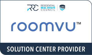 "A corporate logo layout featuring two organizations. At the top is the Residential Real Estate Council (RRC) logo, which includes stylized 'RRC' letters and the full council name in dark blue and light blue colors, along with a 'CRS' shield emblem. Below