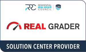 "A corporate logo layout in a rounded rectangle with navy border. At top is the RRC logo showing 'RRC' and 'RESIDENTIAL REAL ESTATE COUNCIL' with a 'CRS' shield icon in navy and cyan. Below is the Real Grader logo featuring a red semicircular gauge or spe