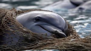 Young Dolphin helplessly entangled in a fishing net