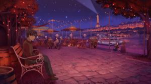 This is an illustration of a scene taking place in the evening at the border of the River Seine. You can see on the left side of the foreground a young man sitting on a metal and wooden bench under trees decorated with fairy lights. On the right, you can