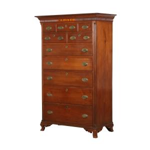 Walnut chest of drawers from Waterloo County, commissioned as a wedding gift by Samuel Bricker (1776-1868) to his eldest daughter Mary, 70 ½ inches tall (CA$35,400).