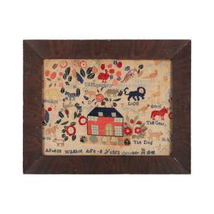 Undoubtedly the top sleeper lot of the two days had to be this charming Eastern Ontario sampler dated 1848, drawn and executed by Agnes Wallace at 8 years of age (CA$32,450).