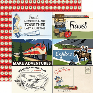 ALL ABOARD 4x6 Journaling Cards is a 12x12 double-sided patterned paper featuring vibrant travel-themed designs, perfect for scrapbooking and creative projects.