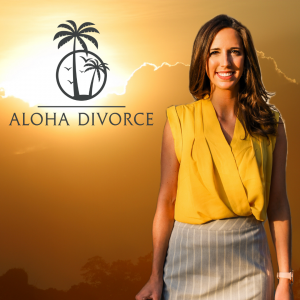 Cassandra Koenig, founder of Aloha Divorce, standing with a sunset backdrop and the Aloha Divorce logo in the corner, representing a peaceful and collaborative approach to divorce and prenuptial agreements.