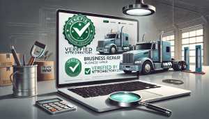 A digital illustration displaying a verified truck repair business listing on a laptop screen with a bold green checkmark. In the background, a semi-truck is parked at a repair shop with a mechanic working on it. A 'Verified by NTTRDirectory.com' label an