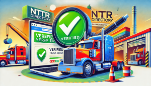 A colorful digital illustration showcasing a verified truck repair business listing on a laptop screen with a bold green 'VERIFIED' checkmark. In the background, a semi-truck with red and blue accents is parked at a repair shop where a mechanic in an oran