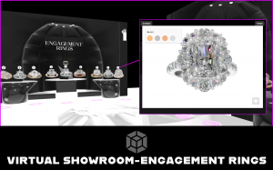 Virtual showroom with engagement rings on display. Center screen shows a detailed diamond ring. "ENGAGEMENT RINGS" text in background.