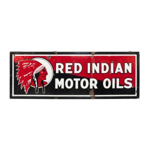 Canadian single-sided porcelain sign for Red Indian Motor Oil, produced in the 1930s, self-framed and in very good condition, 26 inches by 72 inches (est. CA$18,000-$22,000).