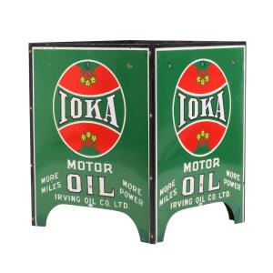 Irving IOKA Motor Oil bottle rack, made in Canada in the 1930s, comprised of four single-sided porcelain panels, overall 23 ¾ inches by 19 inches by 20 ½ inches (est. CA$9,000-$12,000).