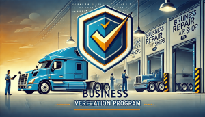 A professional banner for NTTRDirectory.com's Business Verification Program, featuring a shield with a checkmark symbolizing trust and verification. The background shows a truck repair shop with mechanics working on a semi-truck. Bold blue and gold colors