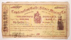 Combination Gold & Silver Mining Company (Inyo County, Calif.) stock certificate No., 397, issued on June 26, 1862 to B.F. Whiten for 40s shares, signed by officers (est. $2,000-$4,000).