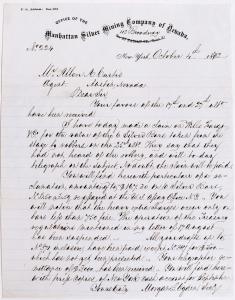 One-page letter written circa 1872 on Manhattan Silver Mining Company (Austin, Nev.) letterhead, regarding the Wells Fargo stagecoach robbery of six silver bars (est. $1,000-$2,750).