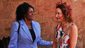 M. Teresa Lawrence (right) having a chat with Tabitha Mogonchi, HSC, Senior Principal of Kereri Girls' High School, after the joint donation. Photo: Godfrey Atsing'a, The Trueness Project.