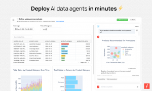 Black text that reads "Deploy AI data agents in minutes" and features an overview of the dashboard UI with the AI chat window open, answering a question with a graph