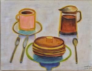 A serene morning scene of pancakes, coffee, and syrup, celebrating the art of everyday moments