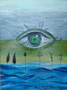 A painting by Aaradhya featuring a luminous green eye embedded in a natural landscape, symbolizing nature’s silent watchfulness. Exhibited at Art Capital Paris 2025.