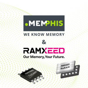 Image of FeRAM and ReRAM memory components and the two company logos of MEMPHIS Electronic and RAMXEED