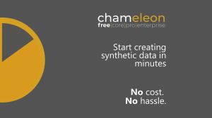 Promotional graphic for Chameleon Free, a tool for generating synthetic data. The image features a dark gray background, a yellow pie chart on the left, and white and yellow text stating, 'Start creating synthetic data in minutes. No cost. No hassle.' The