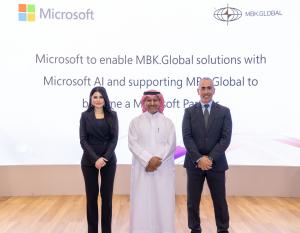 Sheikh Mansoor bin Khalifa Al-Thani - Chairman MBK.global, Lana Khalaf - General Manager at Microsoft in Qatar and Karim Talhouk - Executive Sales Director, at the Partnership Announcement at WebSummit in Doha