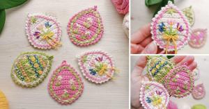 colorful crochet Easter egg decorations with embroidery details