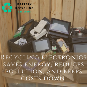 A pile of discarded electronics thrown together in a bin with text reading "Recycling Electronics Saves Energy, Reduces Pollution, & Keeps Costs Down."