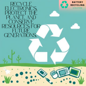 White recycling logo on a beach background with simple graphics of phones, tablets, and other small electronics for disposal.