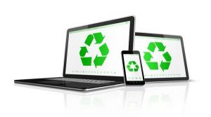 Three electronic smart devices with green recycling logos to highlight the importance of responsible electronics recycling.