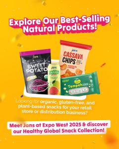 Jans organic sweet potato chips, cassava chips, sparkling prebiotic drink, and Royal Tempeh at Expo West 2025