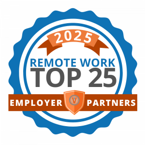 Virtual Vocations logo for the Top 25 Employer Partners to Watch for Fully Remote Jobs in 2025. The logo has a medium blue scalloped edge with an orange curved banner inside a white circle. The banner reads 2025 in white text. Below that, the logo shows t