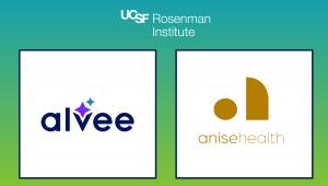 Logos of Alvee Health and Anise Health, 2024 ADAPT Awardees recognized by UCSF Rosenman Institute for innovative healthcare solutions and advancing health equity.