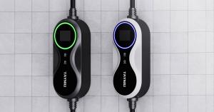 Tayniu Infinity 7kW Portable EV Charger in black and white models, featuring LED indicators and smart charging controls.