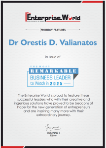 Dr Orestis D. Valianatos - "The Most Remarkable Business Leader to Watch in 2025" by The Enterprise World Magazine - Official Certificate