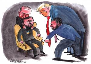 An illustration of Christo Komarnitski, showing a meeting between President Donald Trump and President Volodymyr Zelensky devolved into a shouting match at the Oval Office, with Trump and Vance visibly aggressive towards the Ukrainian President