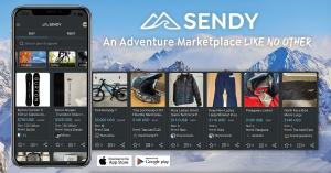 This is an image of the sendy.io marketplace interface overlayed on a hero image of a snowboarder, accompanying statics indicating SENDY's growth and traction. The UX interface features, skiis snowboards and outerwear.