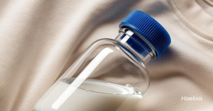 Laboratory bottle with white fluid laying on a beige t-shirt