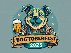 A lively outdoor festival scene at Dogtoberfest, featuring happy dogs in costumes, excited spectators, vendor booths, and dachshunds racing in the Wiener Dog Derby. 🐾🐶