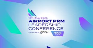 Banner for the Airport PRM Leadership Conference, presented by Ozion. Event date: May 13, 2025. Location: Miami, USA. The design features a modern blue and purple gradient background with abstract geometric elements