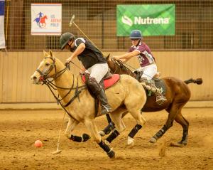 Two male polo players shoulder for a shot on the ball on horseback during polo game