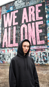 ONE BRAND Model In Front Of Beautiful Graffiti Wall Stating "We Are All One"