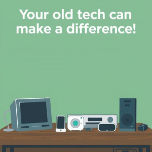 A green background with text reading "Your Old Tech can Make a Difference" to signify the importance of electronics recycling. Under the text are small end-of-life electronics that are ready to be recycled.