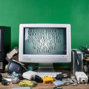 A desk that has several pieces of outdated electronic equipment with text reading "Old Electronics Shouldn't End Up in Landfills-They Can be Recycled to Create a Sustainable Future".