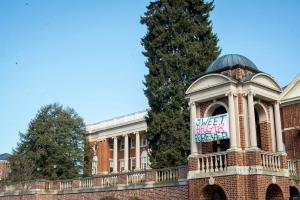 The Sweet Briar Forever banner hangs on the Bell Tower following the attempted closure.